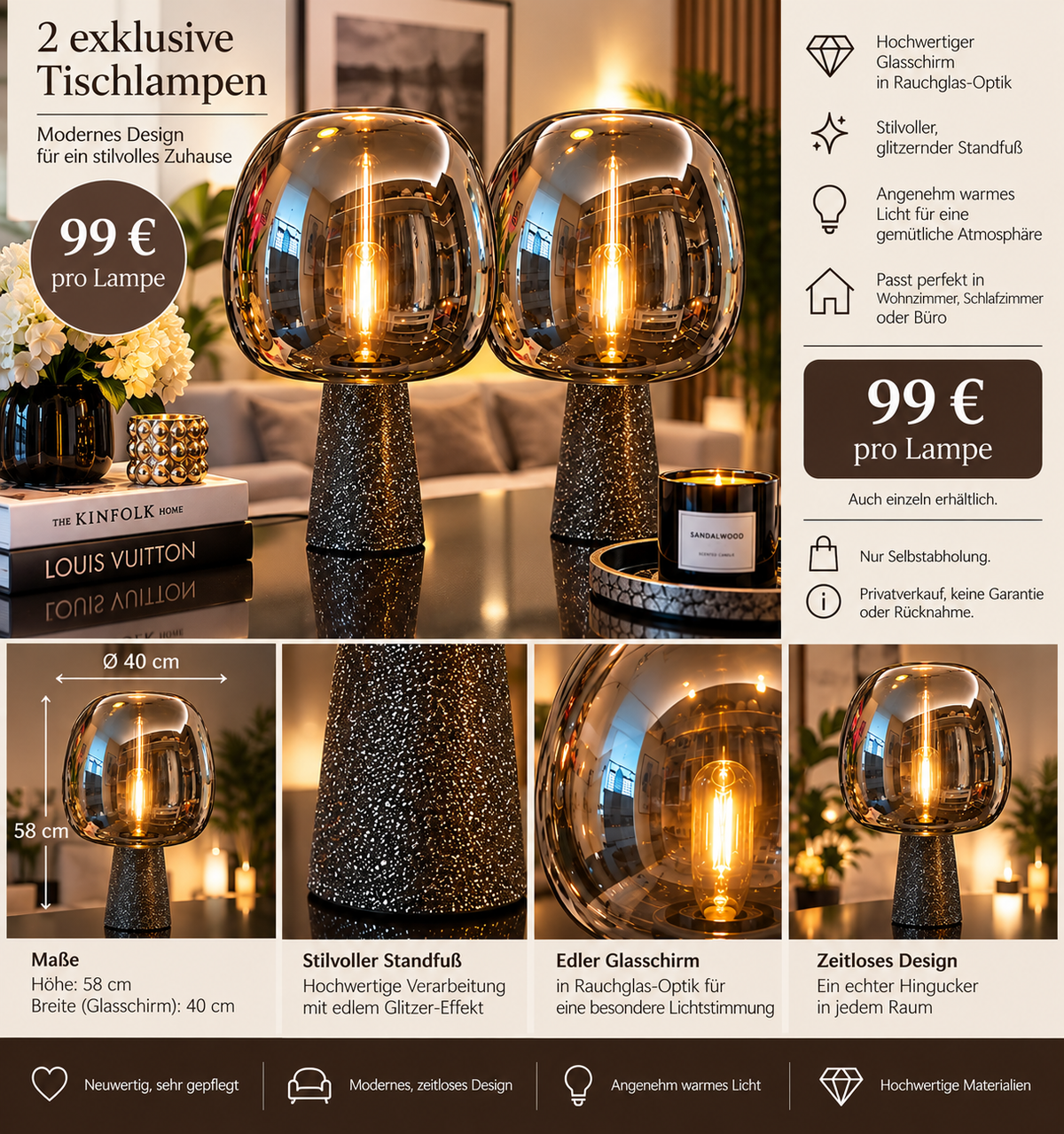 Moderne Tischlampe aus Rauchglas – 58 cm