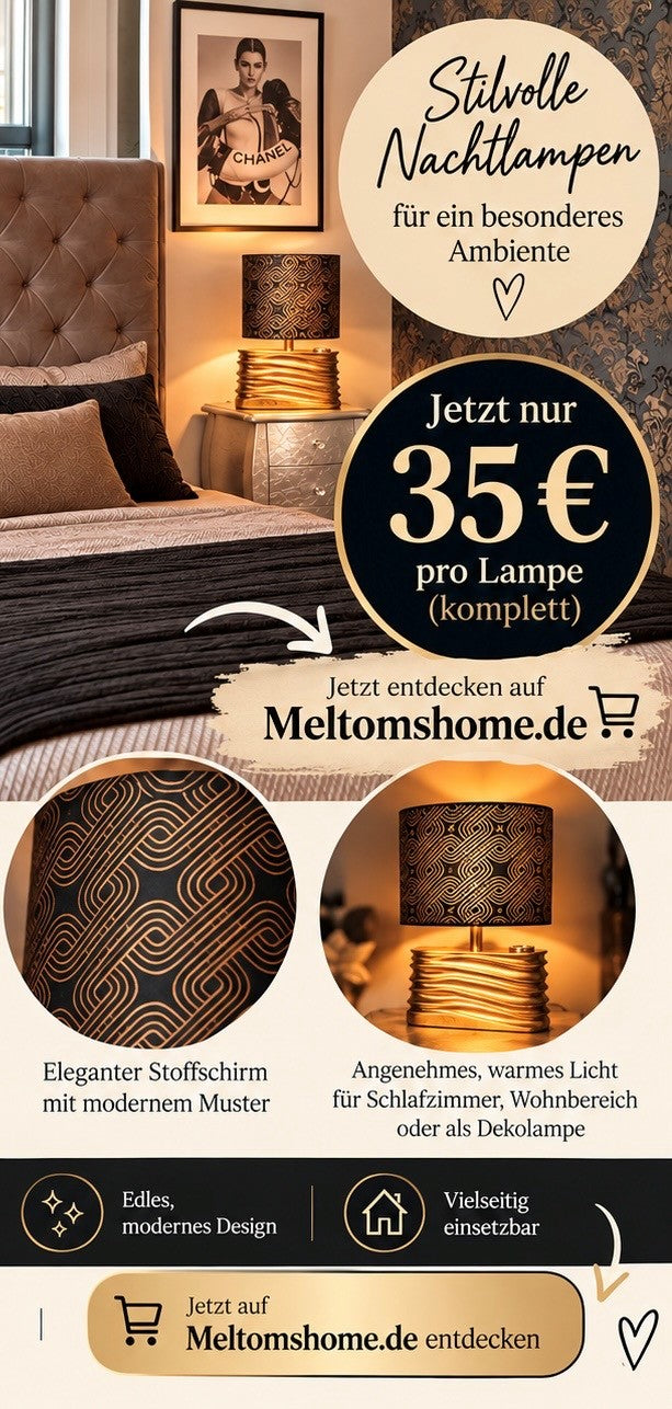 Edle Nachtlampe Gold mit Stoffschirm – stilvolles Interior Design