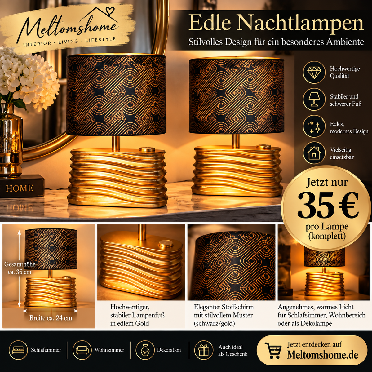 Edle Nachtlampe Gold mit Stoffschirm – stilvolles Interior Design